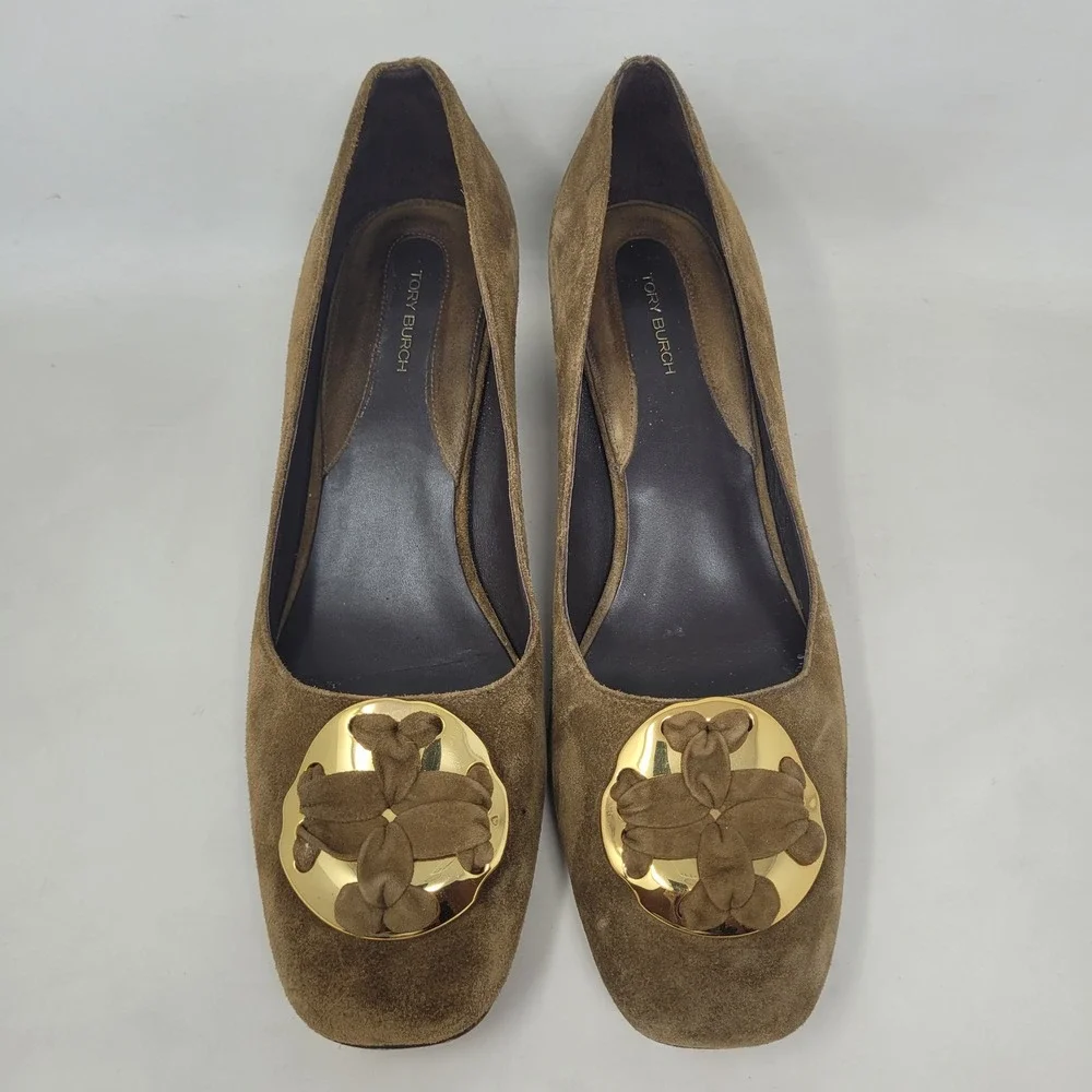 Tory Burch Heels 10M Brown Green Suede Medallion Pumps Block Heel Office Work